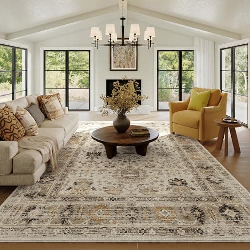 5x7 Area Rug, Short Pile Non-Slip Washable Foldable Floor Mat for Living Room Bedroom Dining Room Kids Room Office, Modern Decorative Carpet in Beige and Yellow