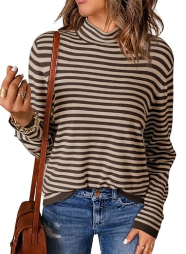 Dokotoo Spring Sweaters for Women 2026 Trendy Turtleneck Khaki Striped Pullover Shirts Knit Sweater Casual Long Sleeve Jumpers Tops Shirts Sweaters Medium - Image 1