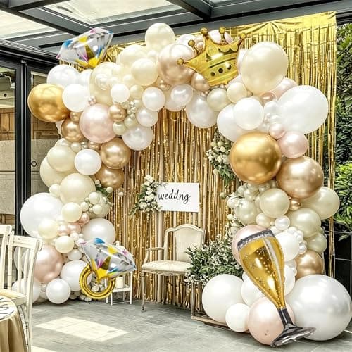 White Gold Balloon Arch Kit, Double Stuffed Nude Beige White Sand Balloon Garland with Fringe Curtains and Ring Foil Balloons for Boho Wedding, Bridal Shower, Engagement, Birthday, Baptism Party Decor - Image 1