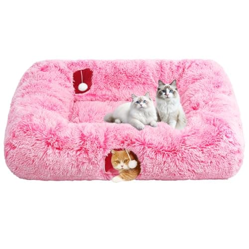 Extra Large Cat Tunnel Bed, 4 Ways Tunnels for Indoor Cats, Multi-cat Family Pet Bed & Cave, Plush Cat Donut with Washable Middle Mat, Exit Balls, Pet Play Toy for Kitten Puppy Rabbit, Pink