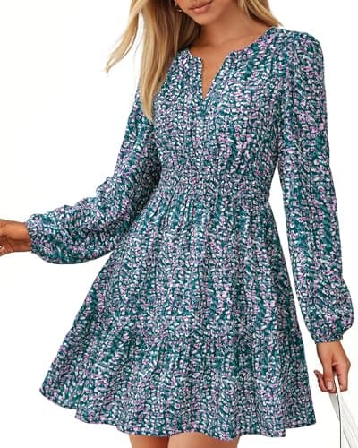 BTFBM Spring Dresses for Women 2026 Mini Long Sleeve Elastic Waist Summer Vacation Outfits Floral Wedding Guest Dress(Floral Purple Green, X-Large) - Image 1