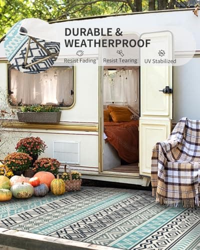 MontVoo Outdoor Rug Carpet Waterproof-Patio Rug Mat 6x9 Reversible RV Outdoor Camping Rugs Picnic Beach Mats Plastic Straw Outside Rugs for Balcony Porch Pool Deck Boho Patio Decor - Thumbnail 4