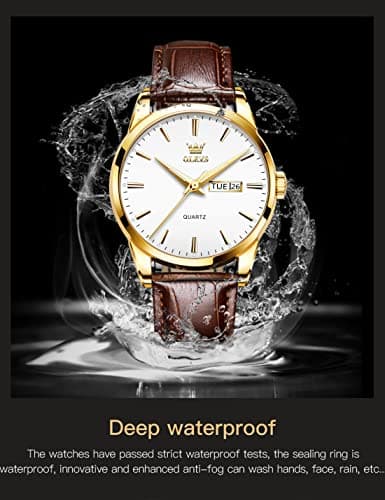 OLEVS Brown Leather Mens Watches Classic Analog Quartz Watch Ultra Thin Waterproof Watches for Men Small Casual Dress Date Day White Dial Men's Wrist Watch Simple Easy Reader Reloj para Hombre - Thumbnail 5