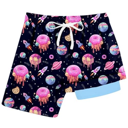 Cozople Boys Swim Short Swim Trunks Space Donut Rocket Printed Beach Shorts Swimsuit Compression Boardshort with Boxer Brief Liner Size 7 - Image 1