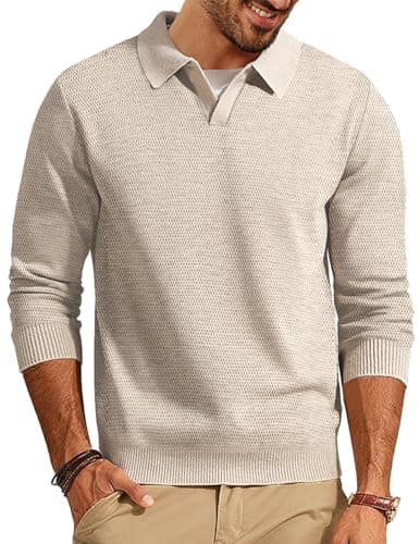 PJ PAUL JONES V Neck Sweater Men Casual Collared Pullover Sweater Long Sleeve Textured Sweater Beige - Image 1