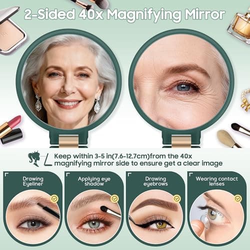 B Beauty Planet 40X Magnifying Mirror, Hand Mirror with Handle, Double Sided Hand Mirror with 40X/1X Magnification, Travel Essential Portable Foldable Makeup Mirror for Precision Makeup Green - Thumbnail 2