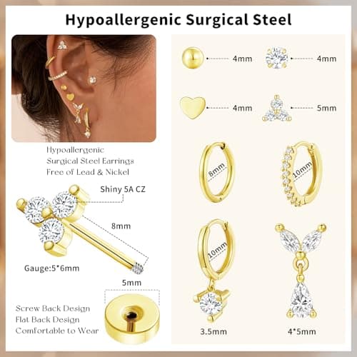 adoyi Gold Hoop Earrings Set for Women Hypoallergenic Surgical Steel Earrings 14K Gold Plated Sensitive Ears Flat Back Studs Stainless Steel Samll Cartilage Huggie Earring for Women Jewelry - Thumbnail 5
