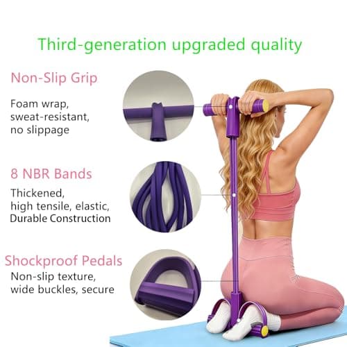 Pedal Resistance Band with Handles, 8-Tube Foot Exercise Band for Home Workout, Full Body Fitness Pull Rope for Abs, Arms, Legs, Non-Slip Foam Grips - Thumbnail 3