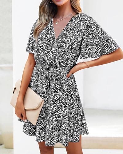 KIRUNDO Womens Summer Dresses 2026 Casual Spring Short Sleeve V Neck Ruffle Floral Print High Waist Belted Flowy Mini Dress(Small, Black) - Thumbnail 6