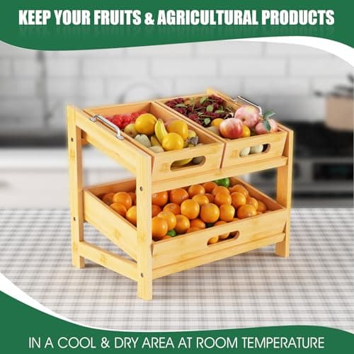 Fruit Basket, Fruit Tray, 2 Tier Bamboo Fruits Basket Stand for Kitchen Countertop – Fruits Holder – Suitable for Bread, Vegetables, Produce, Home Storage and Display Pack of 2 - Thumbnail 3