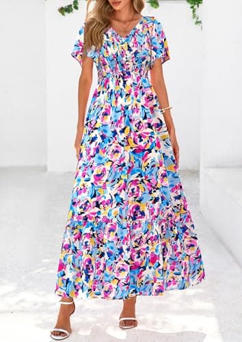 PRETTYGARDEN Boho Dresses for Women 2026 Summer Floral Short Sleeve V Neck Smocked Flowy Beach Vacation Maxi Dress (Multicolored Floral,XX-Large) - Thumbnail 5