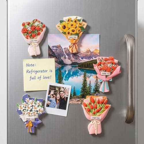 5Pcs Cute Flowers Fridge Magnets, Refrigerator Magnets with 5 Kinds Flowers of Sunflower, Roses, Lily, Carnation and Tulip Bouquet for Kitchen, Home Decor, Gifts for Women Men - Image 1