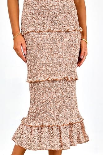 dowerme Women Summer Casual Floral Midi Smocked Bodycon Dresses Spaghetti Strap Square Neck Ruffle Mermaid Prom Dress(Khaki,Large) - Thumbnail 5