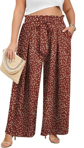 Lastshe Plus Size Pants for Women Wide Leg Casual Comfy Ankle Pants Elastic High Waisted Printed Boho Palazzo Trousers, Orange Red Dots, 2X - Image 1
