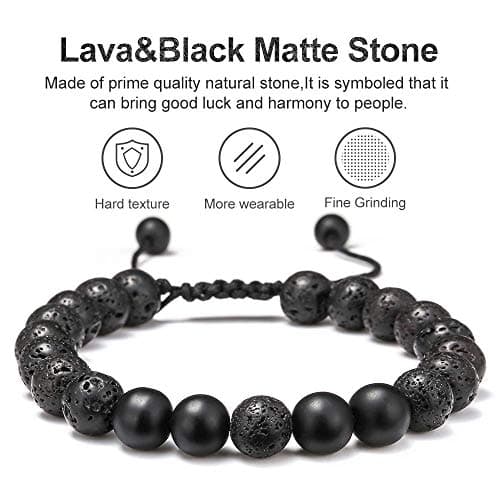 M MOOHAM Lava Rock Bracelets for Men - Tiger Eye Adjustable Beaded Black Matte Agate Bracelet Mens Gifts for Him - Thumbnail 3