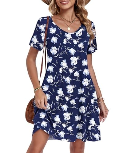 AUSELILY Summer Dresses for Women Short Sleeve V Neck Tshirt Swing Floral Vacation Beach Mini Dress with Pockets 2026 Blue White Floral 3XL - Image 1