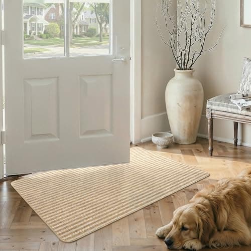 MatEssenz Contemporary Front Door Mat Indoor 2x3 ft, Neutral Tone Striped Entry Rug, Absorbent Washable Mudroom Mat, Non-Slip Rubber Backing Shoe Scraper for Pet Dog, Khaki
