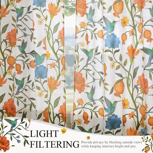 JOOJA Bird Floral Curtains 2 Panels 63 Inches Long Vintage Boho Patterned White Whimsical Living Room Colorful Linen Blend Printed Window Curtains for Bedroom Kitchen - Thumbnail 2