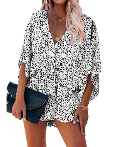 PRETTYGARDEN Women's Floral Print Shorts Jumpsuit Wrap V Neck 3/4 Sleeve Casual Loose Oversized Romper With Pockets (White, Medium) - Image 1
