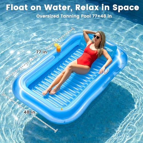 Inflatable Tanning Pool Lounger Float with Sprinkler, 77" x 48" XL Tanning Pool for Adults with Pillow & Cup Holder, 6 in 1 Suntan Tub Sunbathing Bed Pool Floats Adult for Backyard, Beach & Lake - Thumbnail 6