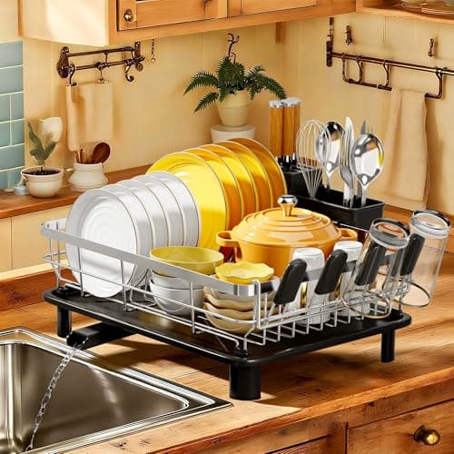 MOUKABAL Dish Drying Rack, Dish Rack, Stainless Steel Dish Racks for Kitchen Counter, Dish Drainer with Removable Utensil Holder, Drainboard (Black,Stainless Steel,13''W x 17''L) - Image 1