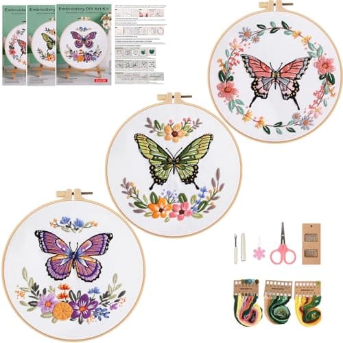 Mozzyyee 3 Sets Embroidery Starter Kit for Beginners Adults Include 3 Embroidery Clothes with Instructions Hoops Floss Thread Fabric Needles (Butterfly) - Image 1