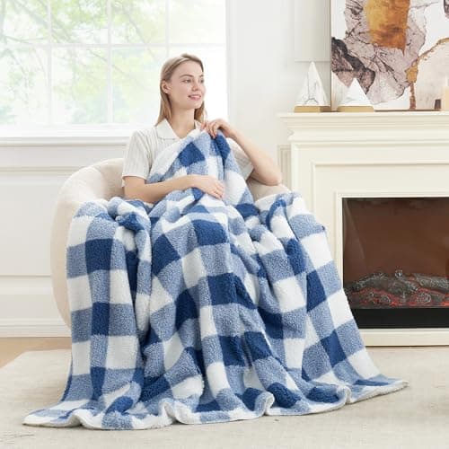 Cozy Bliss Luxury Sherpa Throw Blanket for Couch, Premium Reversible Buffalo Plaid Thick Throw, Warm Cozy Soft Blanket for Home and Gifts (Navy Blue, 60" x 80") - Image 1