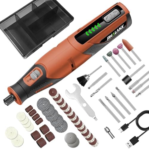 PHALANX Cordless Rotary Tool Kit with 64 pcs Accessories, 2500mAh 4V Li-ion Battery, Type-C Fast Charging, 5 Speed 25000RPM Electric Grinder for Polishing, Engraving, Sanding, DIY Crafts (Orange) - Image 1