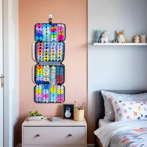 Miiinaps Baby Girl Hair Bow Organizer Bag - Multi-Pocket Hair Accessories Storage with Hanging Hook and Transparent Pockets for Hair Clips, Headbands, Scrunchies, Portable Travel Carrying Case (Pink) - Thumbnail 6