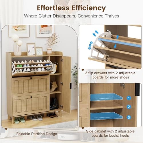 Hadulcet Entryway Shoe Storage Cabinet with 3 Flip Drawers & Mirror, Hidden Shoe Organizer Cabinet with Door & Adjustable Shelves, Freestanding Fluted Arched Panel Design, 9-Tier, Light Wood - Thumbnail 4