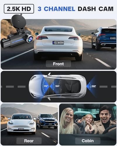 BAEASU Dash Cam Front and Rear 2.5K/1440P, 3 Channel Dash Camera for Cars Dash Cam Front Rear and Inside with 32GB Card, 3.16" IPS Screen, G-Sensor, Loop Recording, Night Vision, Parking Mode - Thumbnail 2
