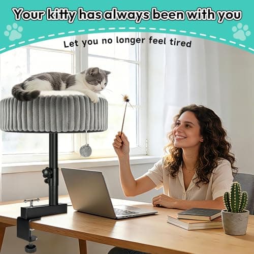 TNELTUEB Cat Desk Bed - 360° Rotating,Clamp On Cat Bed for Desks, Adjustable High Support Up to80 lbs for Office, Game Table, Island Tables, Desktop Attachment Hammock Grey - Thumbnail 4