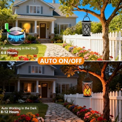 Solar Lanterns Outdoor Waterproof ,2 Pack Flickering Solar Flame Lights Upgraded Hanging Flame Lantern Pathway Torch Light Table Lamp, Auto On/ Off Porch Yard Gifts (1 Lighting Mode) - Thumbnail 4