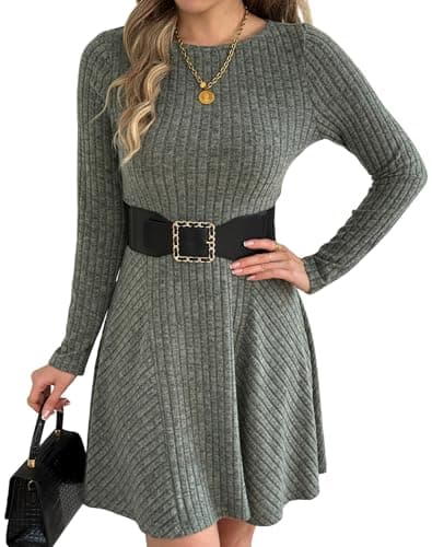 Pullocardi Women’s Long Sleeve Tunic Sweater Dress 2026 - Knee Length Crew Neck A-Line Babydoll Dress, Fall Winter Casual, Green, Medium - Image 1