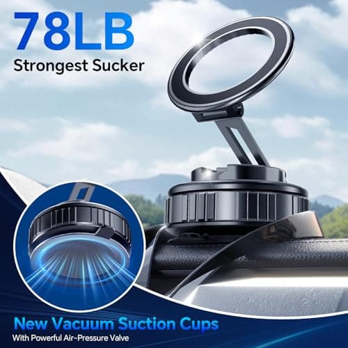 Poazork Car Phone Holder for Magsafe [78+LBS Strongest Suction & 2500gf Strongest Magnetic] 360° Adjustable Car Phone Mount.Portable Phone Holders for Car for iPhone 17，Black - Thumbnail 2