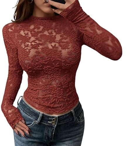 BTFBM Mesh Long Sleeve Tops for Women Lace Sexy Sheer Tight See Through Crew Neck Spring Fall 2026 Party Club Outfits(Red Brown, X-Large) - Image 1