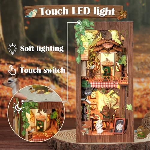 Cutefun Book Nook Kit, DIY Miniature Booknook Kit for Adults, 3D Wooden Puzzle Bookend Bookshelf Decor with LED Light & Dust Cover Creative Crafts Gifts for Book Lovers (Squirrel Collector) - Thumbnail 3