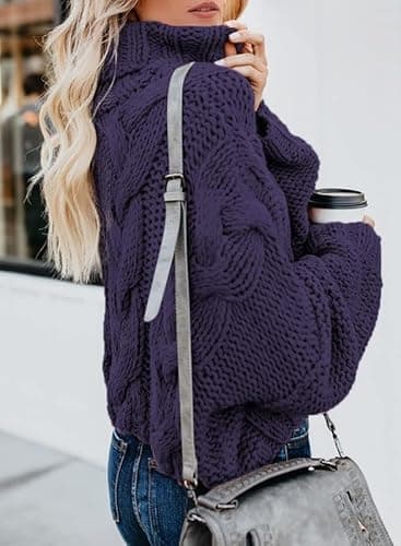 Dokotoo Womens High Neck Sweaters Batwing Long Sleeve Solid Fashion Casual Ladies Loose Basic Chunky Knitted Pullover Sweaters Jumper Deep Purple X-Small - Thumbnail 4