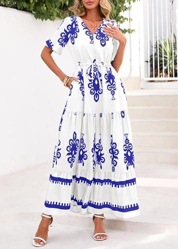 Lazysmile Summer Dresses for Women Short Sleeve V Neck Floral Drawstring Flowy A Line Boho Maxi Dress with Pockets White - Thumbnail 6