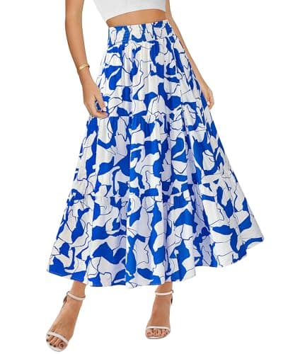 BTFBM Skirts for Women Floral Print Fall Fashion 2026 A Line Elastic High Waist Boho Holiday Maxi Skirt Pockets(Print Blue, Small) - Image 1