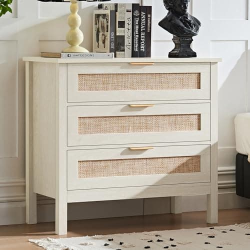 LEYAOYAO 31.5" Wide Rattan Nightstand, Large Boho 3 Drawer Night Stand, Grey White Bedside Table with Storage, Tall Bed Side End Tables, Chest of Drawers Dressers for Bedroom, Living Room, Hallway - Image 1