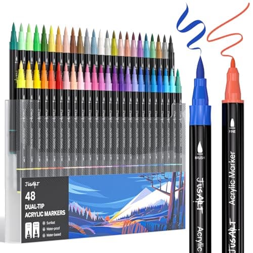 JusArt 48 Colors Dual Tip Acrylic Paint Pens Markers, Brush and Fine Tip, Premium Paint Pens for Wood, Canvas, Egg, Stone, Fabric, Rocks, Metal, Glass, Ceramic, DIY Crafts Making Art Supplies Gifts - Image 1