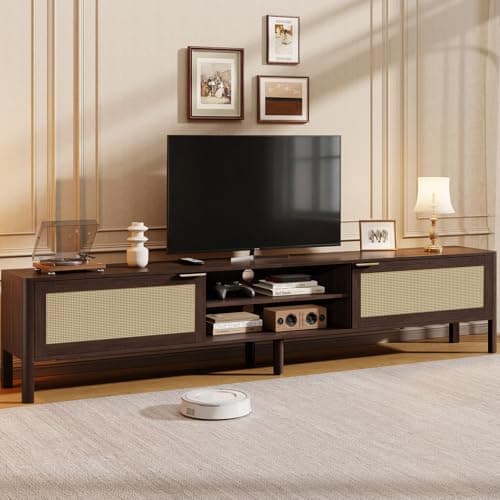 IKALIFE Rattan TV Stand for Living Room - Fits up to 80 Inch TVs, Rattan Media Console Table with Adjustable Shelves & 2 Storage Cabinets, Mid-Century Modern Entertainment Center, Walnut 71" - Image 1
