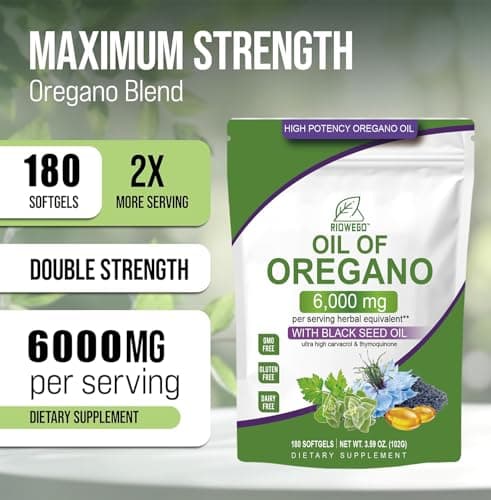 RIOWEGO Oil of Oregano Softgels with Black Seed Oil, 6000mg High Potency Oregano Oil Capsules for Immune Support, Gut Function Support, Carvacrol & Thymoquinone, Non-GMO, Gluten Free,180 Softgels - Thumbnail 3