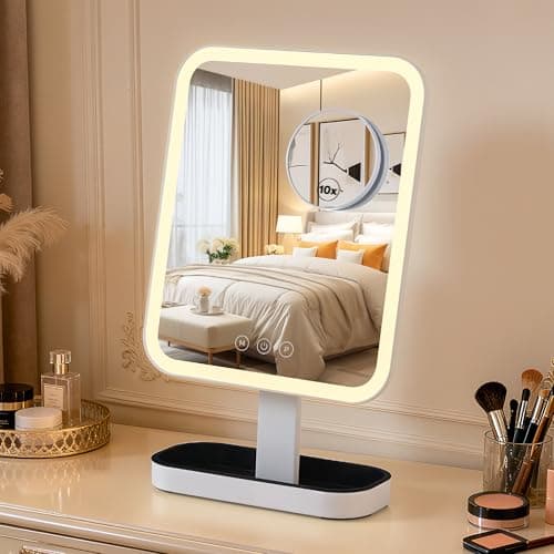 DASLAVA Vanity Mirror with Lights, 1/10X Magnifing，Hollywood Vanity Mirror with 3 Colors Lights & Adjustable, Smart Touch Control Modern Style, Dresser Mount, Bathroom,（16.5" X 9.8" White） Plug in
