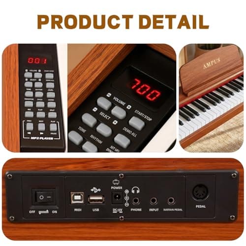 AMPUS 88 Key Semi-Weighted Keyboard Piano with Stand, Brown - Thumbnail 6