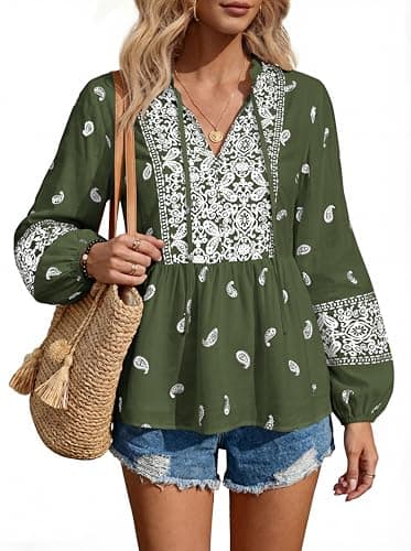 MASCOMODA Women Boho Babydoll Tops Spring Summer Casual V Neck Peplum Long Sleeve Blouses Flowy Shirts Beach Vacation Clothes(Army Green White Flower,Medium) - Thumbnail 2