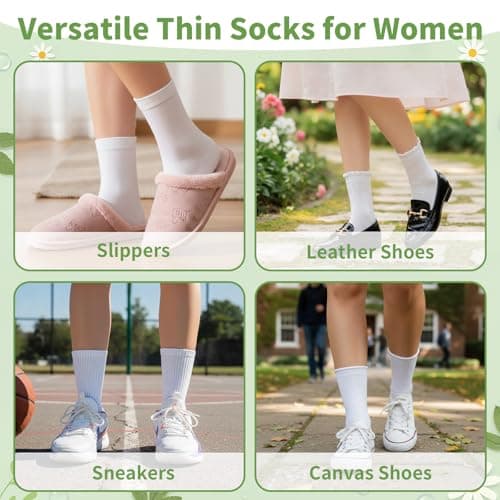 FunisFun 6 Pairs Womens Summer Socks, White Crew Thin Ankle Socks for Women Girls Daily Wear Casual Dress (US, Alpha, One Size, Regular, Regular, White-6Pairs) - Thumbnail 6