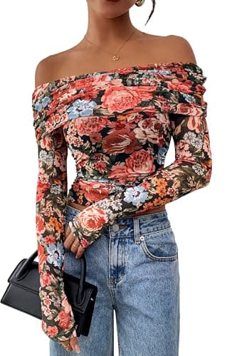 PRETTYGARDEN Womens Tops 2026 Spring Off The Shoulder Long Sleeve Fitted Y2k Shirts Floral Ruched Mesh Going Out Outfits(Floral Black Multicolored,X-Large) - Image 1