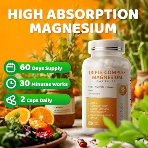 Triple Magnesium Complex - Magnesium Glycinate, Taurate & Malate Supplement with Omega3, Ashwagandha, GABA for Sleep, Brain Heart & Muscle Support - High Absorption and Gentle, Vegan, 120 Capsules - Thumbnail 6